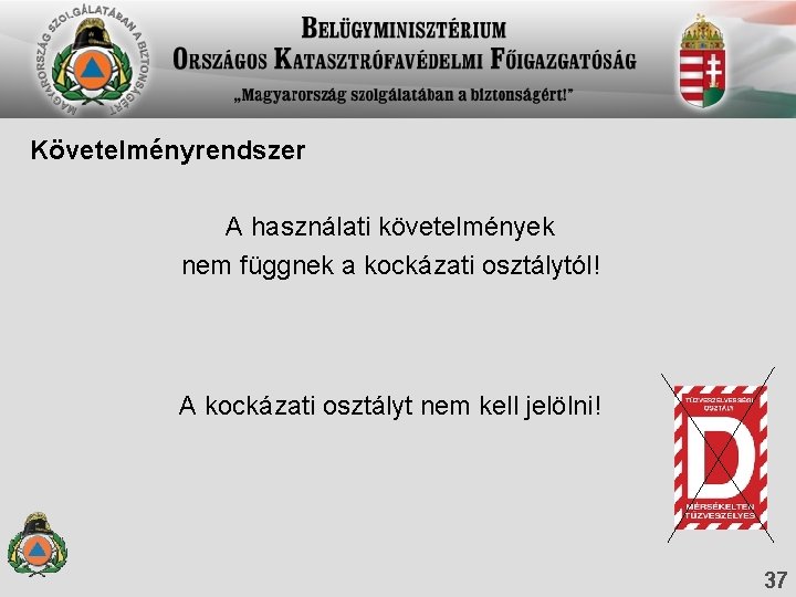 Követelményrendszer A használati követelmények nem függnek a kockázati osztálytól! A kockázati osztályt nem kell