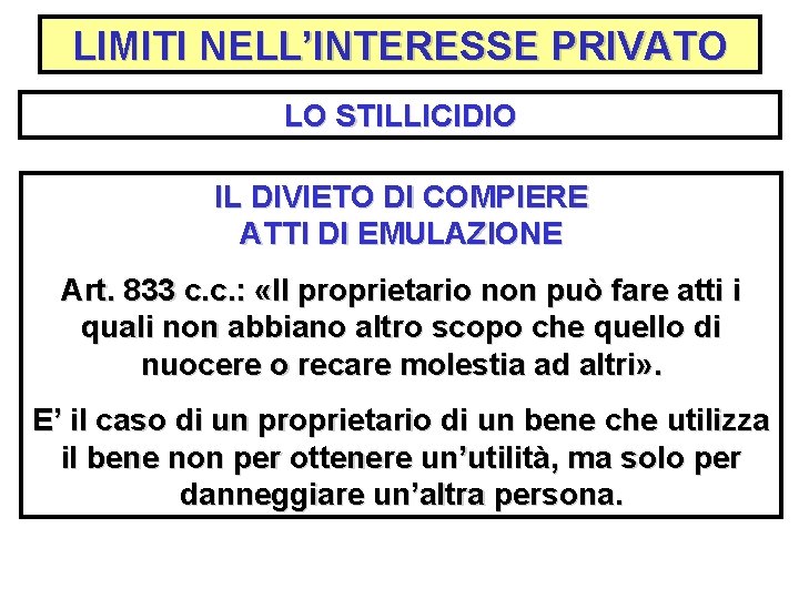 LIMITI NELL’INTERESSE PRIVATO LO STILLICIDIO IL DIVIETO DI COMPIERE ATTI DI EMULAZIONE Art. 833