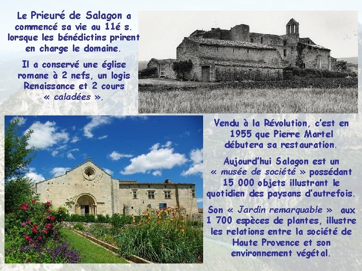 Le Prieuré de Salagon a commencé sa vie au 11é s. lorsque les bénédictins Le Prieuré de Salagon a commencé sa vie au 11é s. lorsque les bénédictins