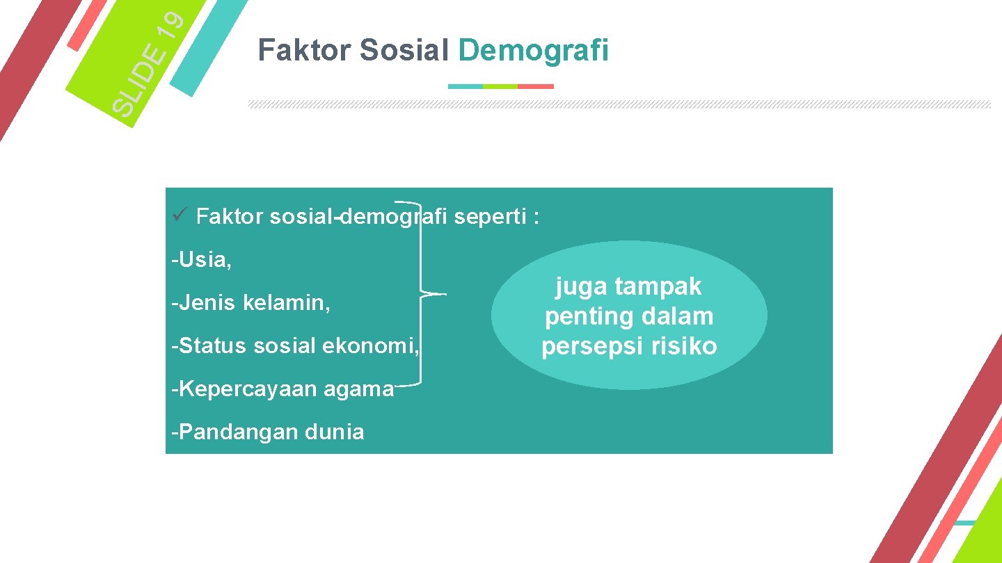 19 IDE SL Faktor Sosial Demografi ü Faktor sosial-demografi seperti : -Usia, -Jenis kelamin,