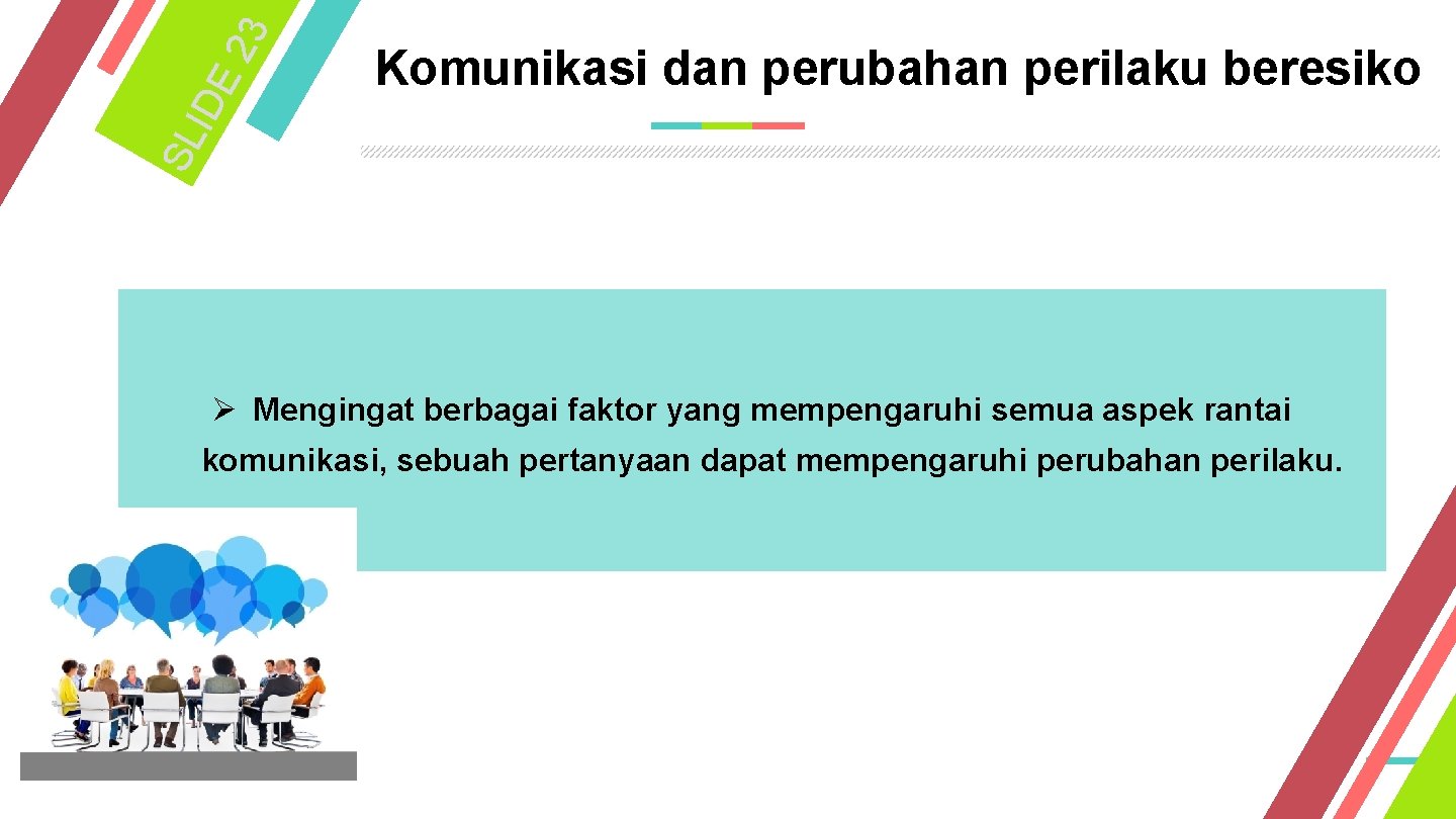 23 IDE SL Komunikasi dan perubahan perilaku beresiko Ø Mengingat berbagai faktor yang mempengaruhi