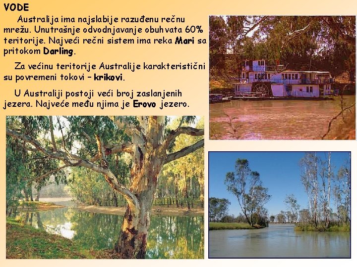 VODE Australija ima najslabije razuđenu rečnu mrežu. Unutrašnje odvodnjavanje obuhvata 60% teritorije. Najveći rečni