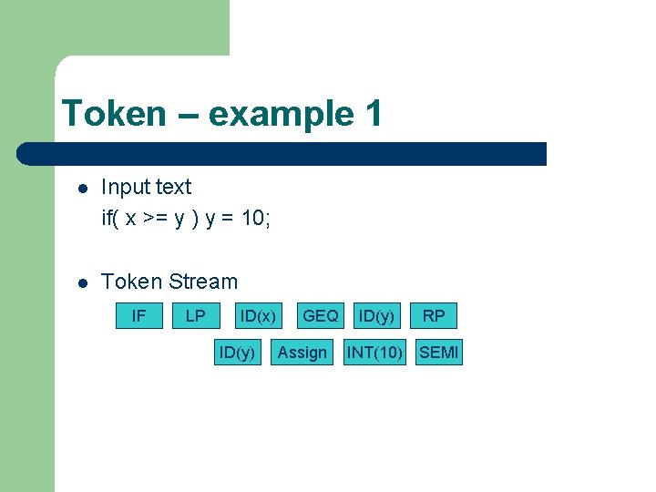 Token – example 1 l Input text if( x >= y ) y = Token – example 1 l Input text if( x >= y ) y =