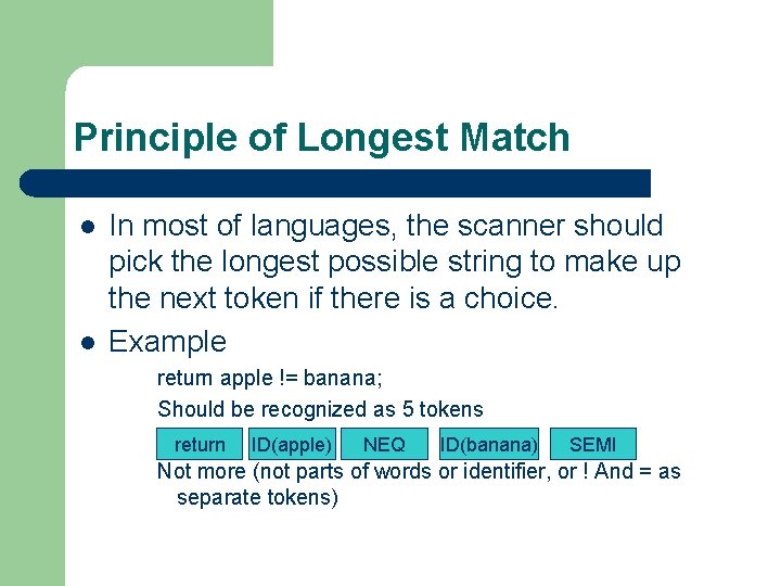 Principle of Longest Match l l In most of languages, the scanner should pick Principle of Longest Match l l In most of languages, the scanner should pick