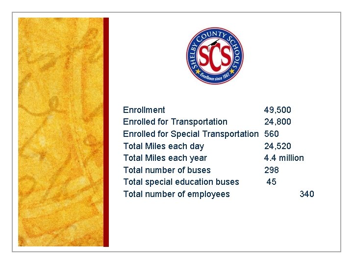 Enrollment Enrolled for Transportation Enrolled for Special Transportation Total Miles each day Total Miles