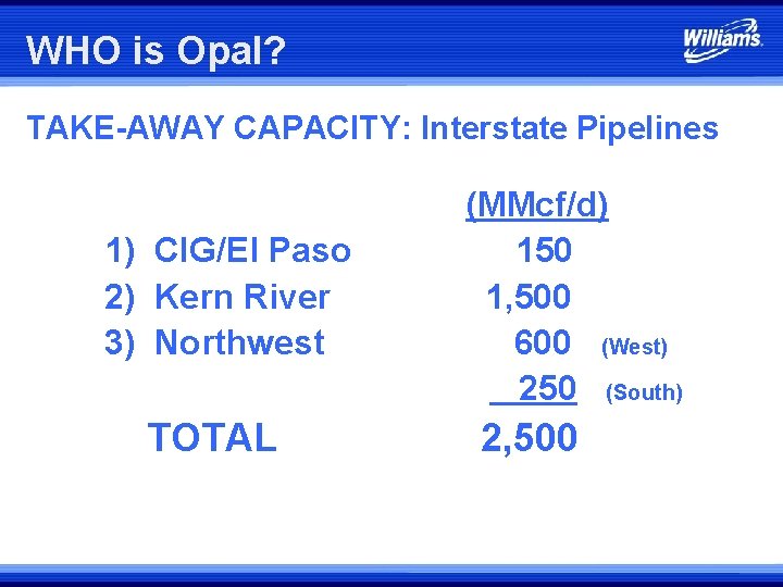 WHO is Opal? TAKE-AWAY CAPACITY: Interstate Pipelines 1) CIG/El Paso 2) Kern River 3) WHO is Opal? TAKE-AWAY CAPACITY: Interstate Pipelines 1) CIG/El Paso 2) Kern River 3)