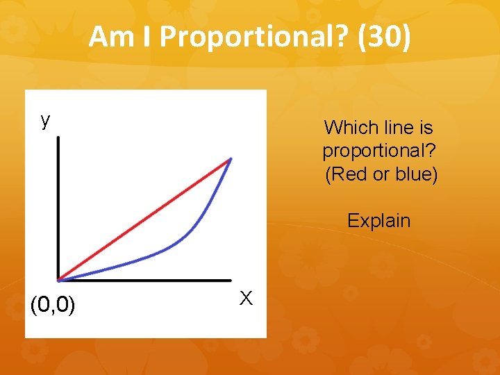 Am I Proportional? (30) y Which line is proportional? (Red or blue) Explain (0,