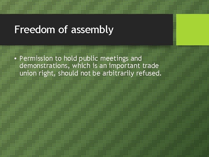 Freedom of assembly • Permission to hold public meetings and demonstrations, which is an