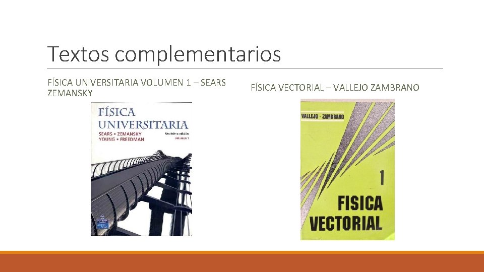 Textos complementarios FÍSICA UNIVERSITARIA VOLUMEN 1 – SEARS ZEMANSKY FÍSICA VECTORIAL – VALLEJO ZAMBRANO