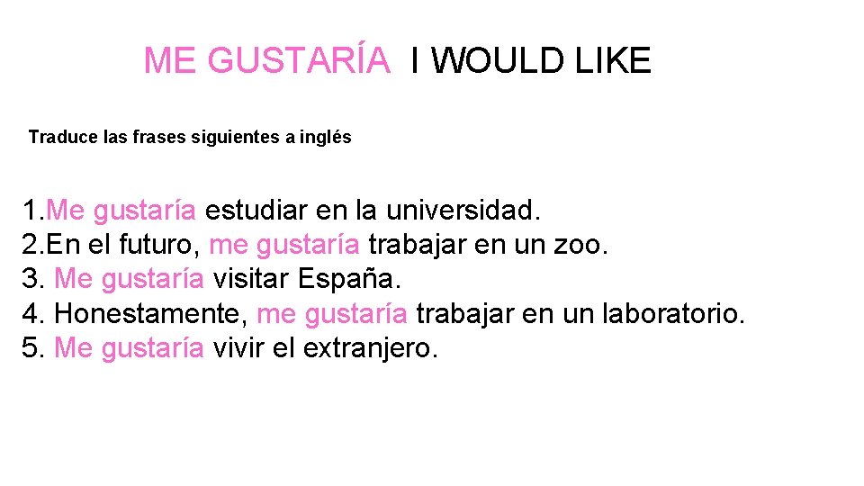ME GUSTARÍA I WOULD LIKE Traduce las frases siguientes a inglés 1. Me gustaría