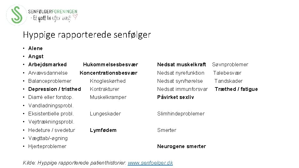 Hyppige rapporterede senfølger • Alene • Angst • Arbejdsmarked Hukommelsesbesvær • Arvævsdannelse Nedsat muskelkraft