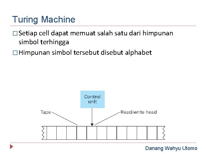 Turing Machine � Setiap cell dapat memuat salah satu dari himpunan simbol terhingga �