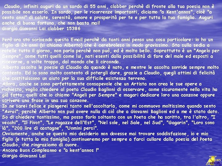 Claudio, infiniti auguri da un sardo di 55 anni, clabber perchè di fronte alla
