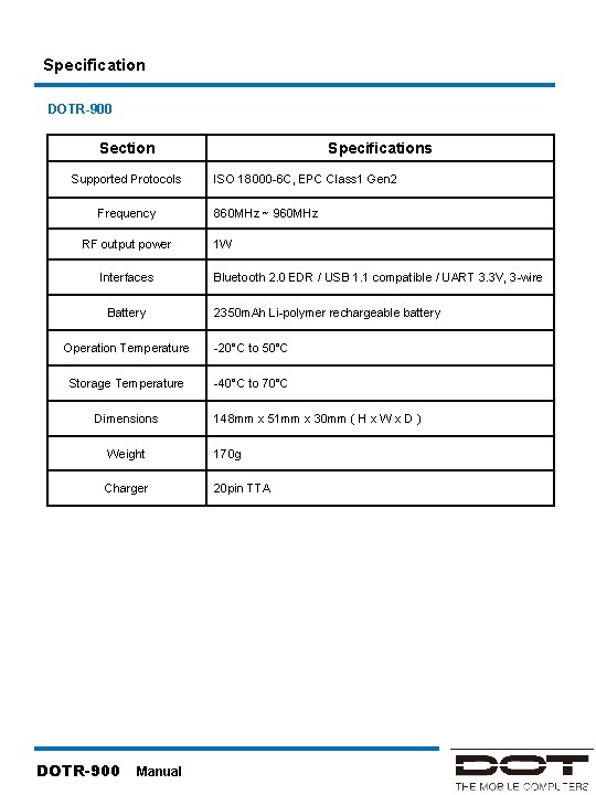 Specification DOTR-900 Section Supported Protocols Frequency RF output power Interfaces Battery Specifications ISO 18000