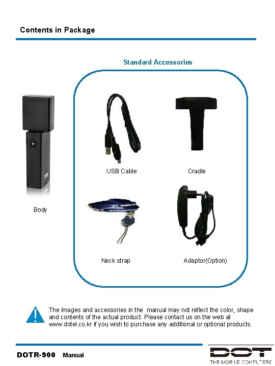 2. Before Using Contents in Package Standard Accessories USB Cable Cradle Body Neck strap