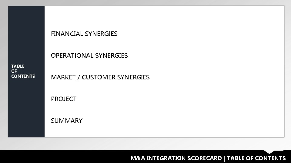 FINANCIAL SYNERGIES OPERATIONAL SYNERGIES TABLE OF CONTENTS MARKET / CUSTOMER SYNERGIES PROJECT SUMMARY M&A