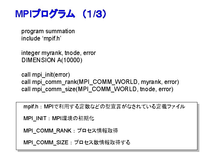 MPIプログラム　（１/３） program summation include ‘mpif. h’ integer myrank, tnode, error DIMENSION A(10000) call mpi_init(error)