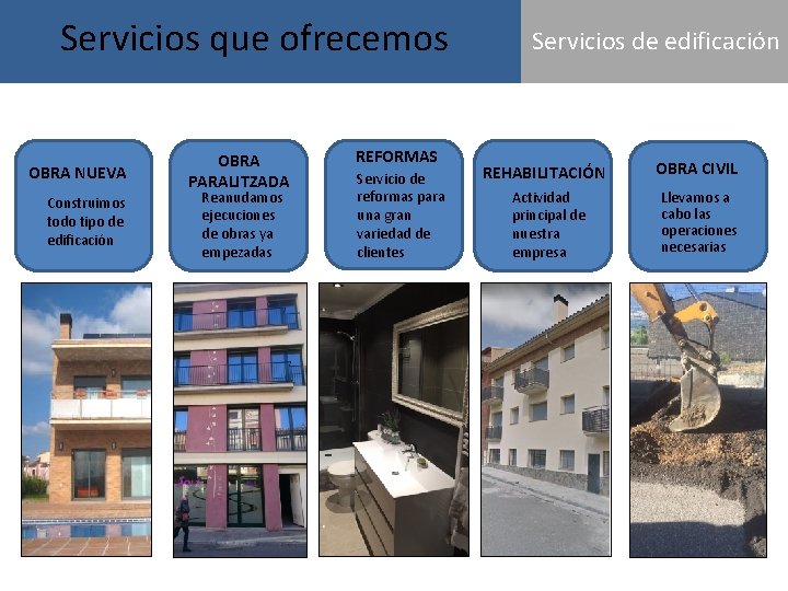 Servicios que ofrecemos OBRA NUEVA Construimos todo tipo de edificación OBRA PARALITZADA Reanudamos ejecuciones