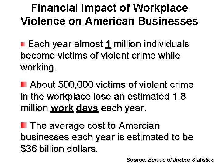 Financial Impact of Workplace Violence on American Businesses Each year almost 1 million individuals