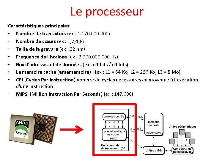 Le processeur Caractéristiques principales: • Nombre de transistors (ex : 1. 170. 000) •