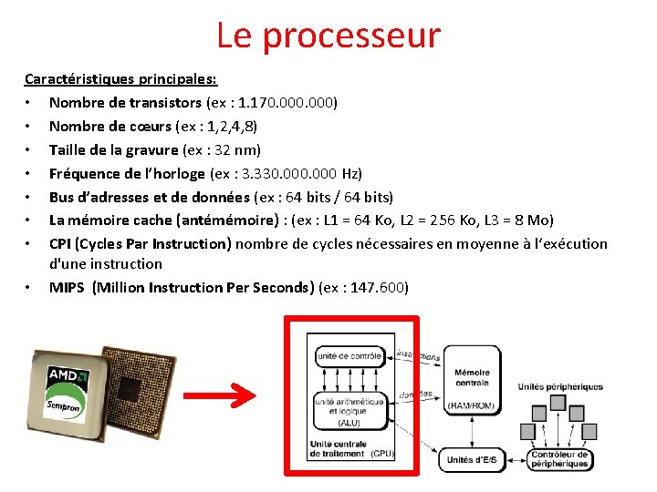 Le processeur Caractéristiques principales: • Nombre de transistors (ex : 1. 170. 000) •