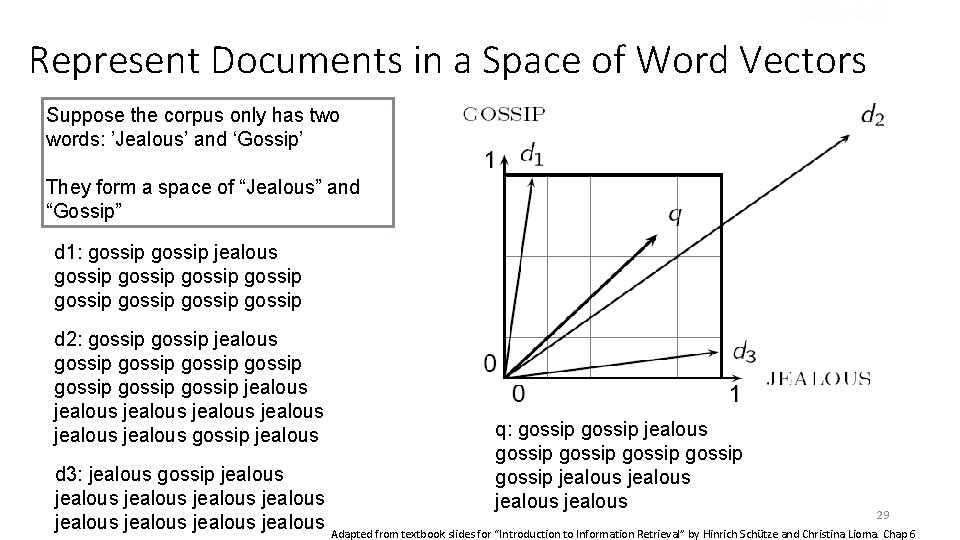 Sec. 6. 3 Represent Documents in a Space of Word Vectors Suppose the corpus