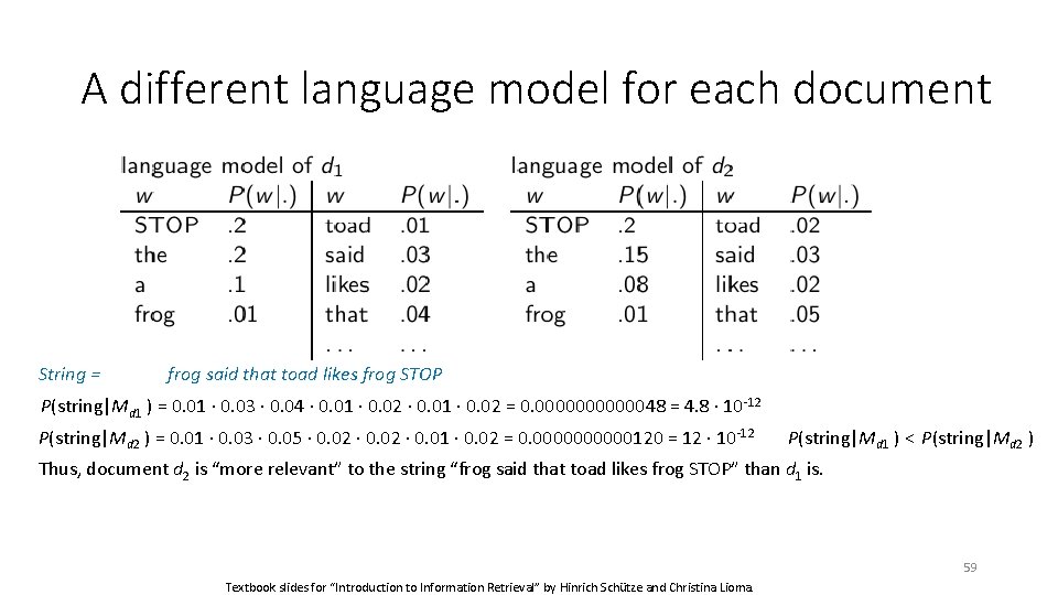 A different language model for each document String = frog said that toad likes