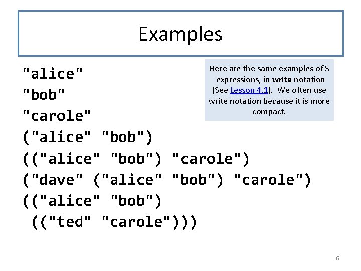 Examples Here are the same examples of S -expressions, in write notation (See Lesson