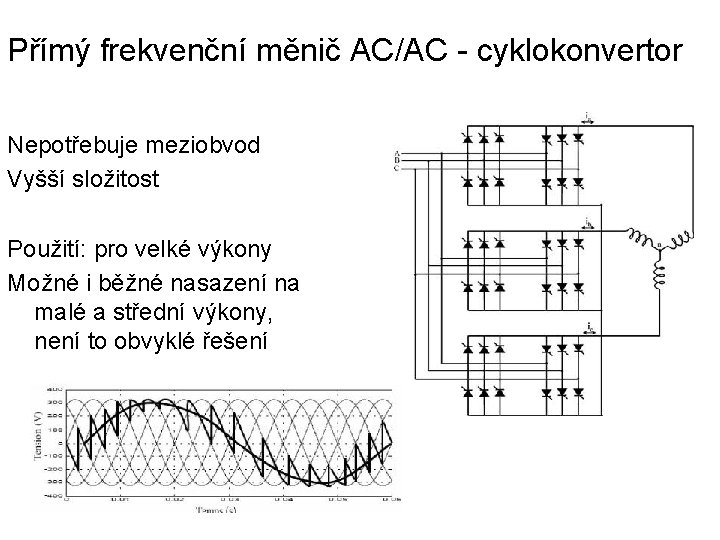 Přímý frekvenční měnič AC/AC - cyklokonvertor Nepotřebuje meziobvod Vyšší složitost Použití: pro velké výkony