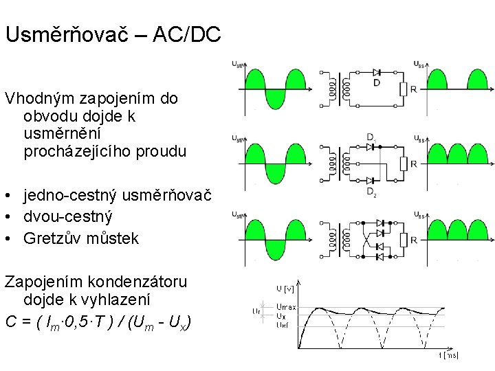 Usměrňovač – AC/DC Vhodným zapojením do obvodu dojde k usměrnění procházejícího proudu • jedno-cestný