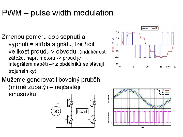 PWM – pulse width modulation Změnou poměru dob sepnutí a vypnutí = střída signálu,