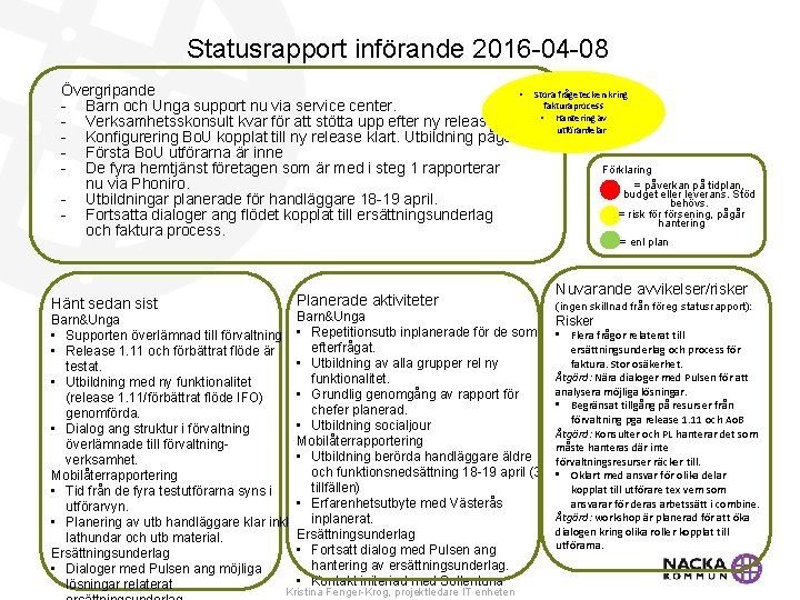 Statusrapport införande 2016 -04 -08 Övergripande • - Barn och Unga support nu via