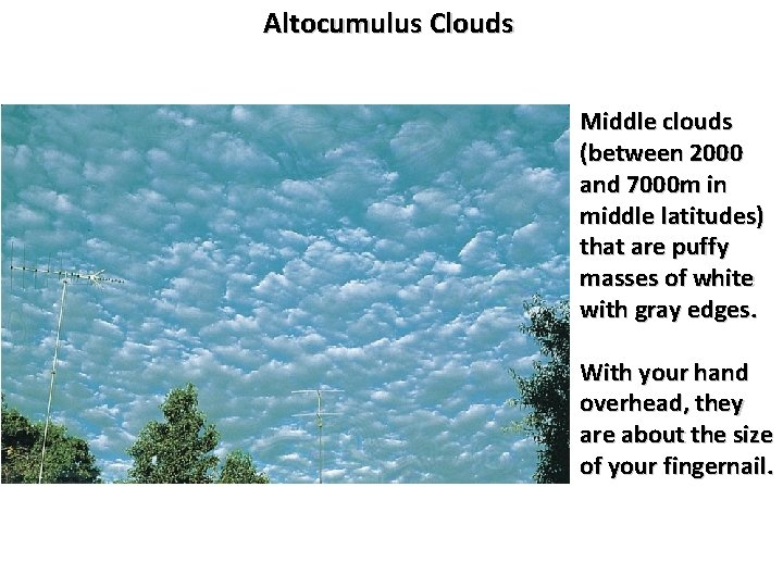 Altocumulus Clouds Middle clouds (between 2000 and 7000 m in middle latitudes) that are