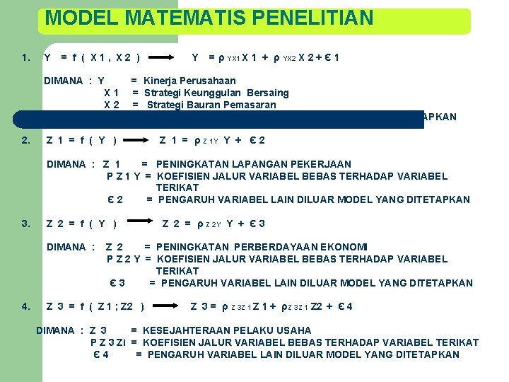 MODEL MATEMATIS PENELITIAN 1. Y = f ( X 1, X 2 ) DIMANA