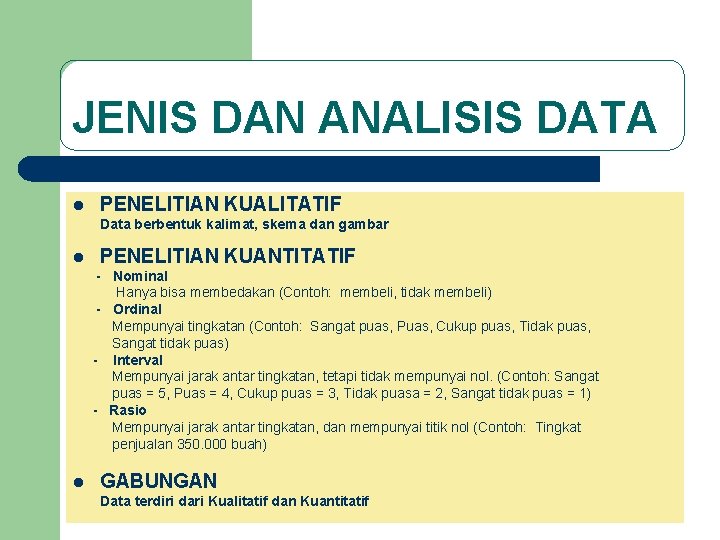 JENIS DAN ANALISIS DATA l PENELITIAN KUALITATIF Data berbentuk kalimat, skema dan gambar l