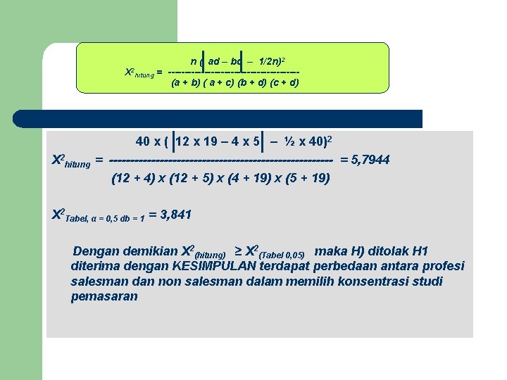 n ( ad – bc – 1/2 n)2 X 2 hitung = --------------------(a +