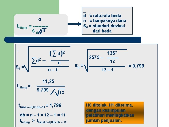 _ d = rata-rata beda n = banyaknya dana Sd = standart deviasi dari