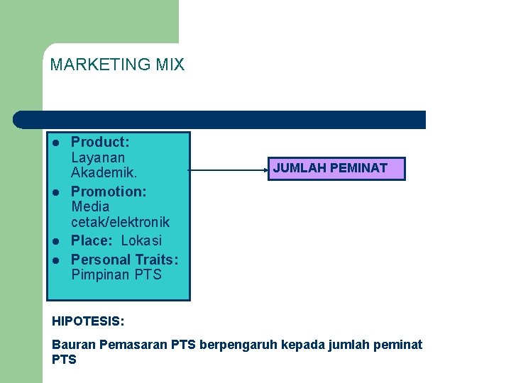 MARKETING MIX l l Product: Layanan Akademik. Promotion: Media cetak/elektronik Place: Lokasi Personal Traits: