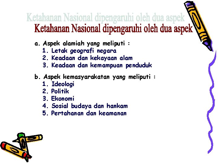 a. Aspek alamiah yang meliputi : 1. Letak geografi negara 2. Keadaan dan kekayaan