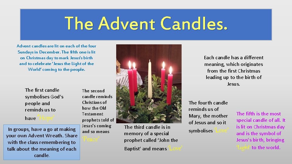 The Advent Candles. Advent candles are lit on each of the four Sundays in