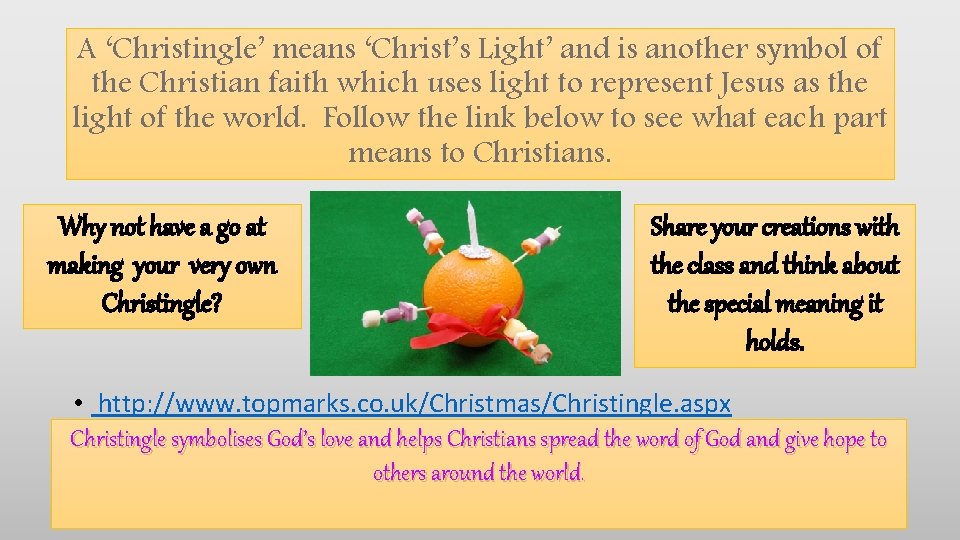 A ‘Christingle’ means ‘Christ’s Light’ and is another symbol of the Christian faith which