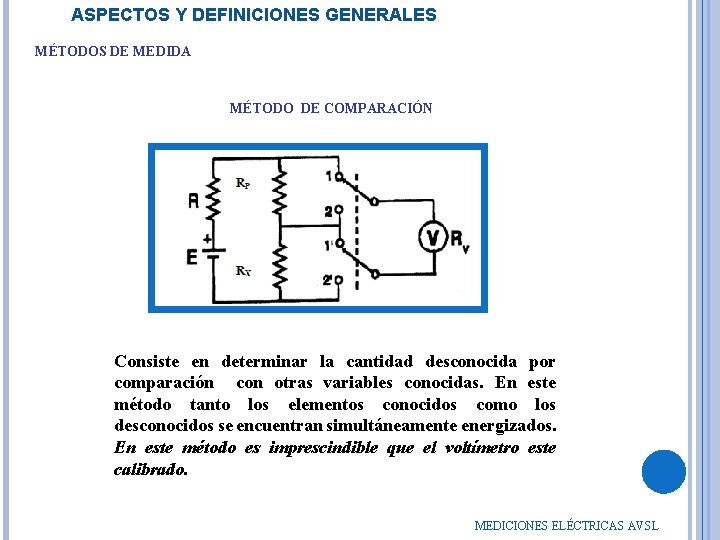 ASPECTOS Y DEFINICIONES GENERALES MÉTODOS DE MEDIDA MÉTODO DE COMPARACIÓN Consiste en determinar la