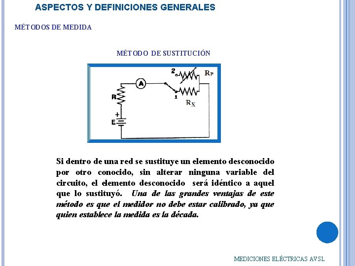 ASPECTOS Y DEFINICIONES GENERALES MÉTODOS DE MEDIDA MÉTODO DE SUSTITUCIÓN Si dentro de una
