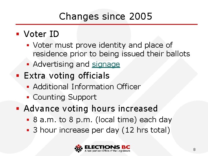 Changes since 2005 § Voter ID § Voter must prove identity and place of