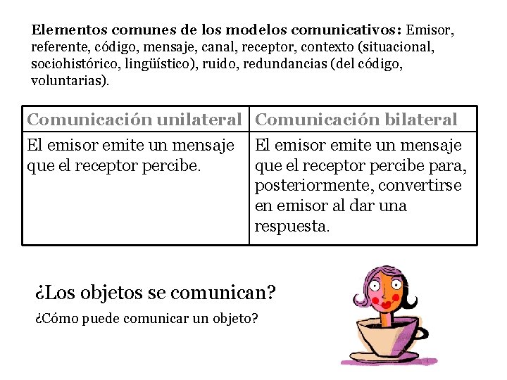 Elementos comunes de los modelos comunicativos: Emisor, referente, código, mensaje, canal, receptor, contexto (situacional,