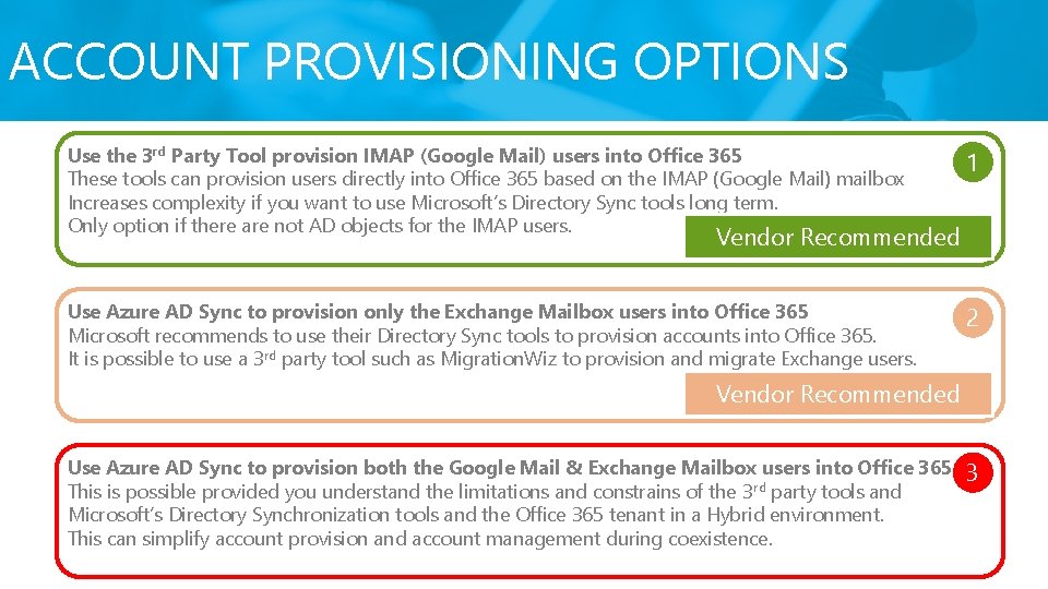 ACCOUNT PROVISIONING OPTIONS Use the 3 rd Party Tool provision IMAP (Google Mail) users ACCOUNT PROVISIONING OPTIONS Use the 3 rd Party Tool provision IMAP (Google Mail) users