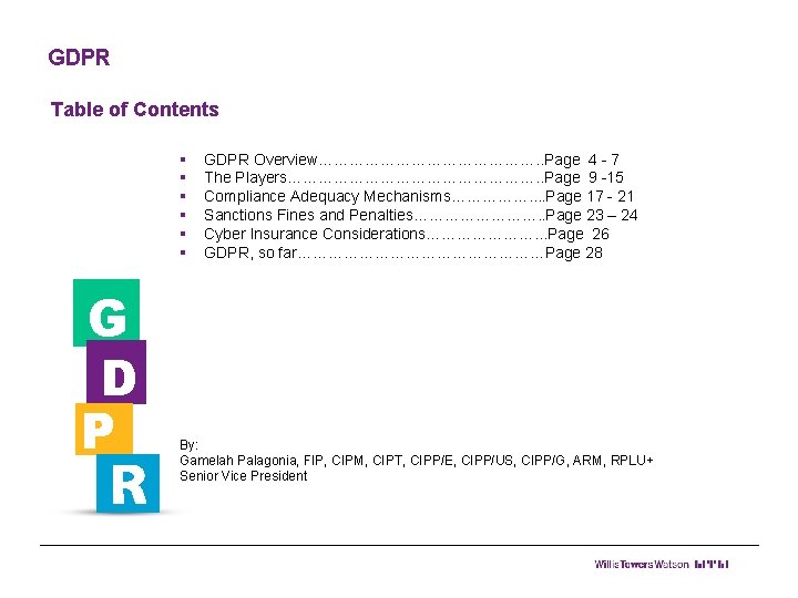 GDPR Table of Contents § § § G D P GDPR Overview…………………. . Page