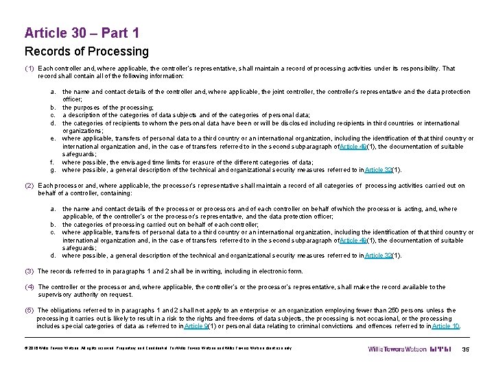 Article 30 – Part 1 Records of Processing (1) Each controller and, where applicable,