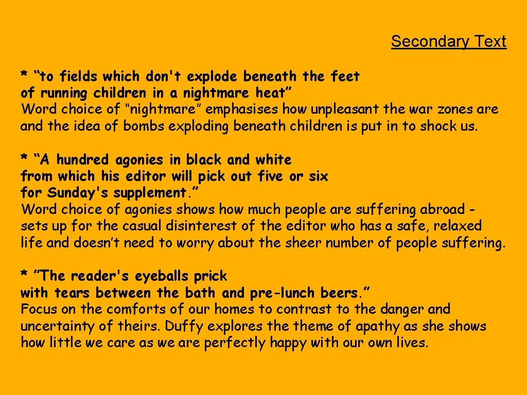 Secondary Text * “to fields which don't explode beneath the feet of running children