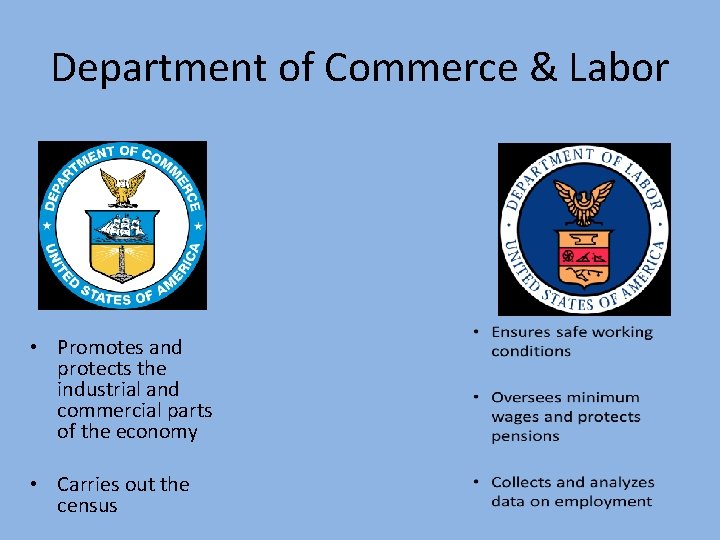 Department of Commerce & Labor • Promotes and protects the industrial and commercial parts